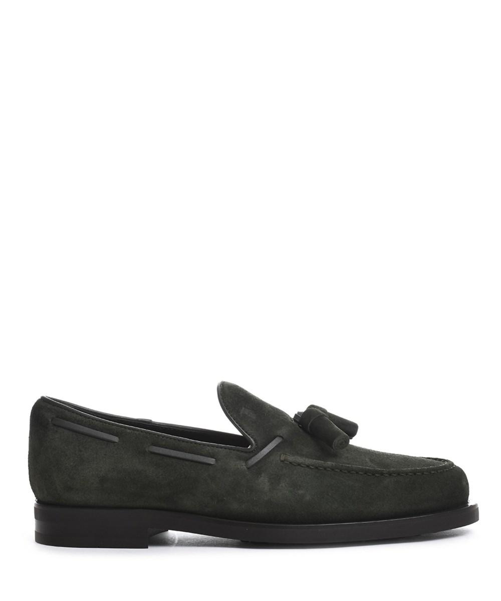 green suede loafers