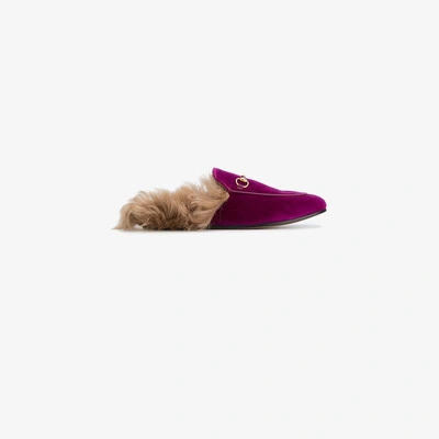 Shop Gucci Fuschia Velvet Fur Lined Princetown Mules In Pink & Purple