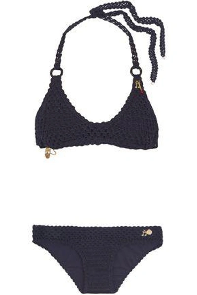 Shop Stella Mccartney Woman Metallic Crocheted Halterneck Bikini Midnight Blue