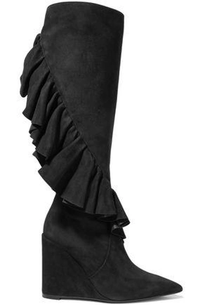 Shop Jw Anderson Woman Ruffled Suede Wedge Knee Boots Black
