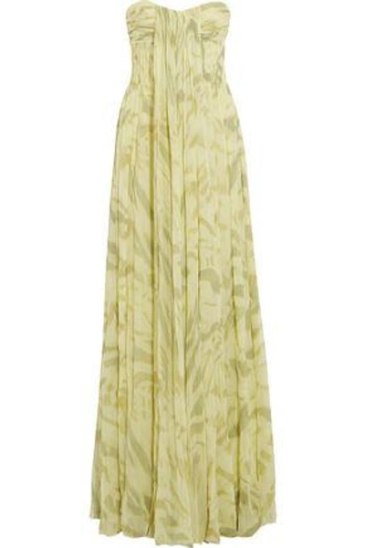 Shop Halston Heritage Woman Strapless Pleated Printed Silk-chiffon Gown Lime Green