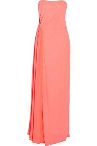Shop Halston Heritage Woman Strapless Gathered Crepe-jersey Gown Coral