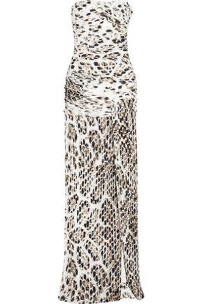 Shop Halston Heritage Woman Leopard-print Plissé Stretch-jersey Gown White