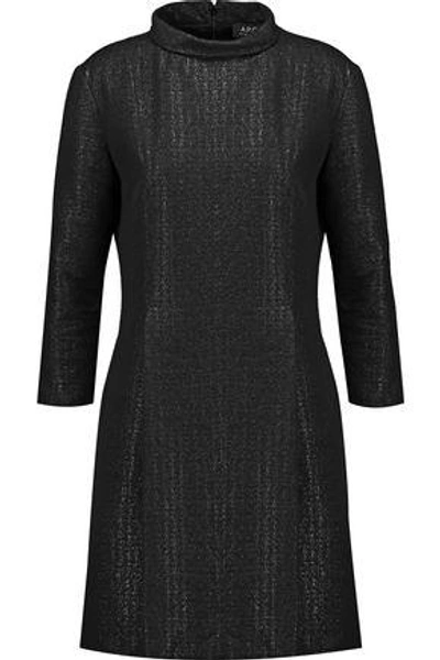 Shop Apc Woman Metallic Pleated Tweed Turtleneck Dress Black