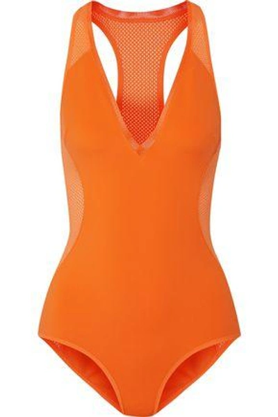Shop Stella Mccartney Woman Cutout Mesh-paneled Swimsuit Bright Orange