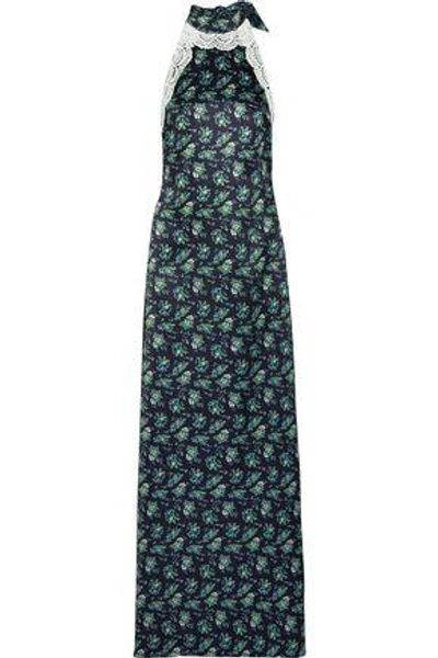 Shop House Of Holland Woman Lace-trimmed Floral-print Satin Halterneck Maxi Dress Navy