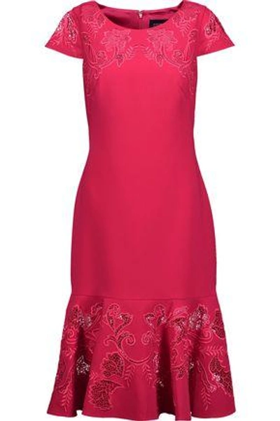 Shop Marchesa Notte Fluted Embroidered Lace-paneled Cady Dress In Fuchsia