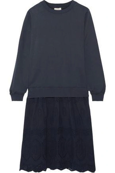 Shop Clu Woman Mix Media Broderie Anglaise-paneled Cotton-jersey Dress Navy