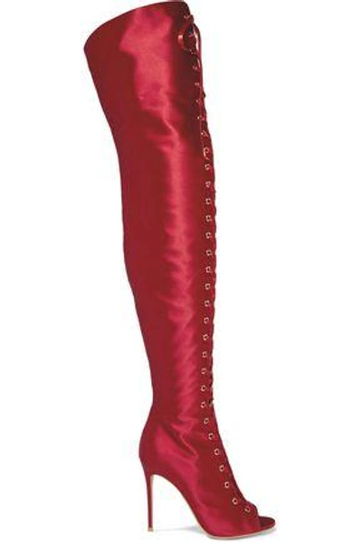 Shop Gianvito Rossi Lace-up Satin Over-the-knee Boots In Claret