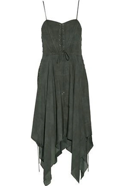 Shop Haute Hippie Woman Brownstone Lace-up Asymmetric Silk Crepe De Chine Dress Army Green