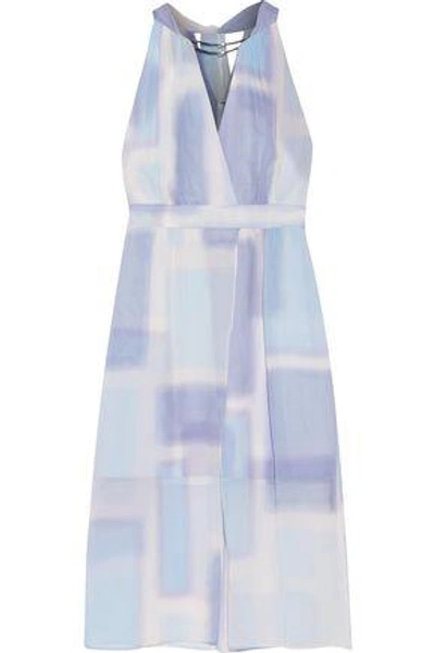 Shop Halston Heritage Layered Printed Silk-chiffon Dress In Sky Blue