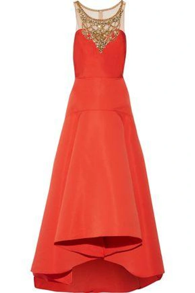 Shop Marchesa Notte Woman Pleated Embellished Tulle And Faille Gown Tomato Red