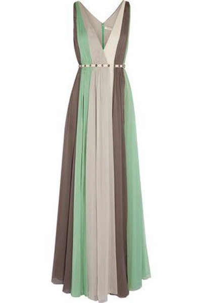 Shop Halston Heritage Woman Striped Crinkled-chiffon Gown Light Green
