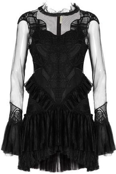 Shop Jonathan Simkhai Woman Ruffled Corded Lace And Tulle Mini Dress Black