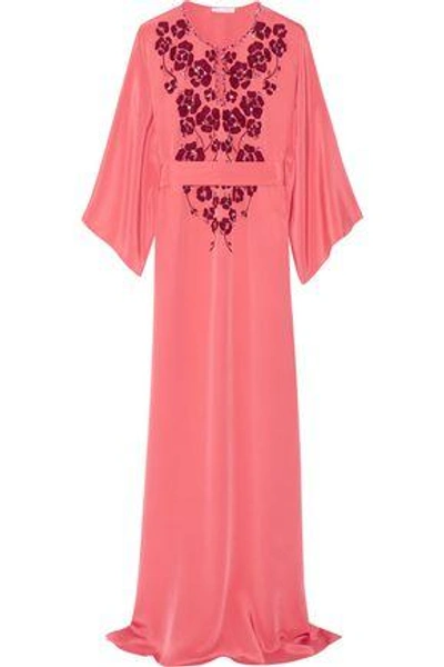 Shop Oscar De La Renta Woman Belted Embellished Silk Crepe De Chine Gown Papaya