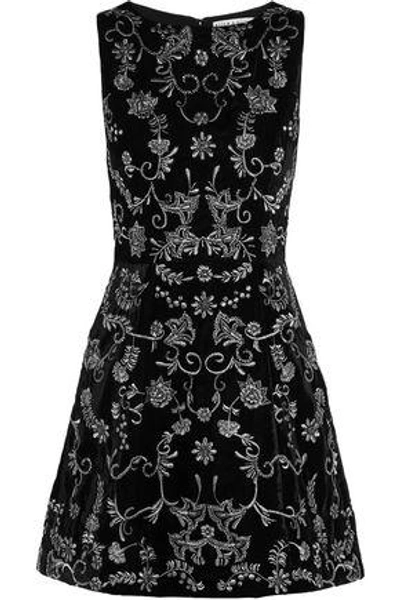 Shop Alice And Olivia Woman Lindsey Embroidered Velvet Mini Dress Black