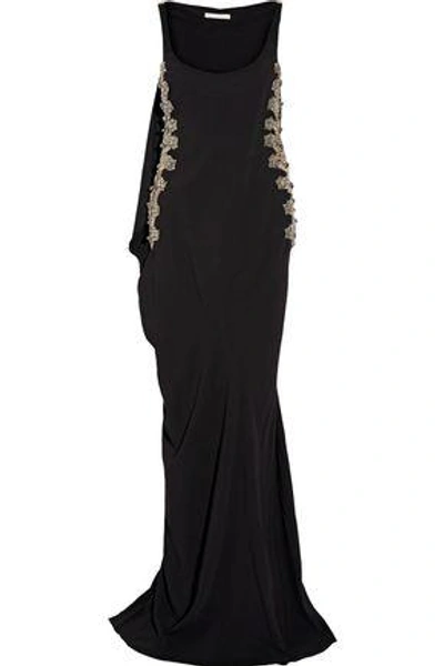 Shop Antonio Berardi Cape-detailed Embellished Tulle-paneled Stretch-cady Gown In Black