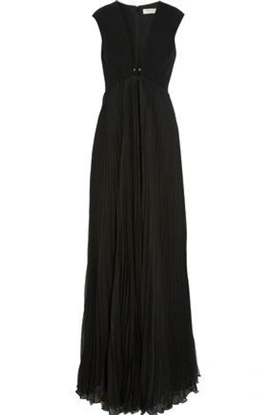 Shop Halston Heritage Woman Crepe-paneled Plissé-chiffon Gown Black