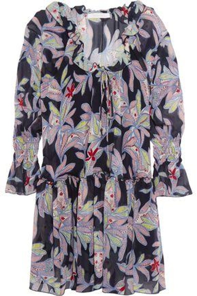 Shop See By Chloé Ruffled Floral-print Silk-crepe Dress In Navy