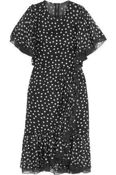 Shop Dolce & Gabbana Lace-trimmed Polka-dot Silk-blend Chiffon Dress In Black