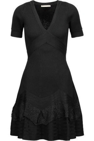 Shop Antonio Berardi Woman Lace-paneled Stretch-knit Mini Dress Black