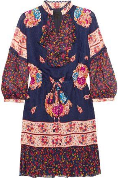 Shop Anna Sui Woman Printed Silk-jacquard And Silk-crepon Mini Dress Navy