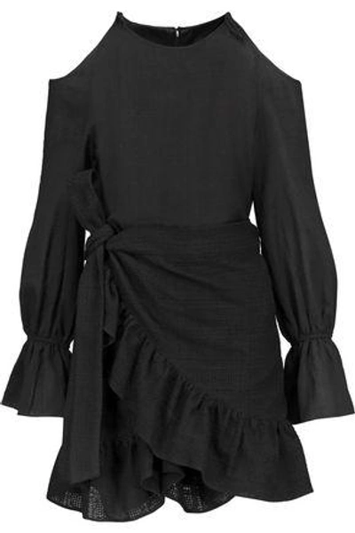 Shop Goen J Woman Cold-shoulder Embroidered Cotton Wrap Dress Black