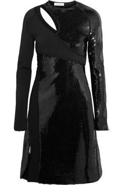 Shop Mugler Woman Cutout Sequined Bonded Jersey Mini Dress Black