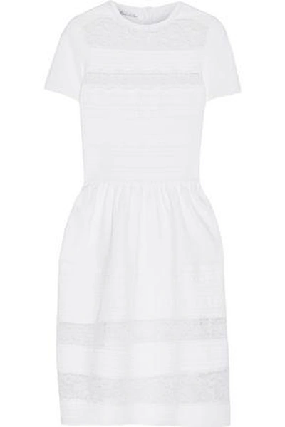 Shop Oscar De La Renta Woman Lace-paneled Stretch-knit Dress White
