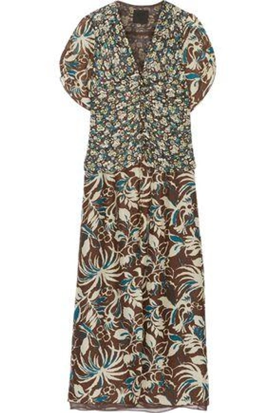 Shop Anna Sui Floral-print Silk Crepe De Chine Maxi Dress In Dark Brown