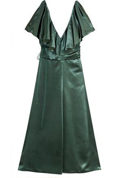 Shop Valentino Ruffled Velvet Midi Dress In Emerald