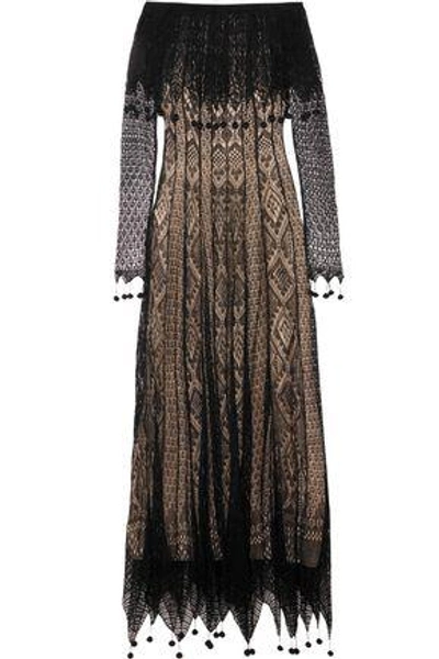 Shop Alexander Mcqueen Woman Off-the-shoulder Pompom-trimmed Silk-lace Maxi Dress Black