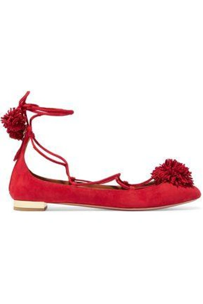 Shop Aquazzura Sunshine Pompom-embellished Suede Ballet Flats In Red