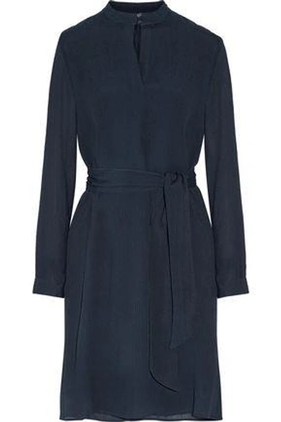Shop A.p.c. Woman Belted Plissé-silk Dress Midnight Blue