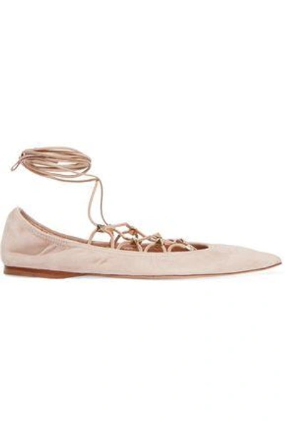 Shop Valentino Garavani Woman Studded Suede Ballet Flats Pastel Pink