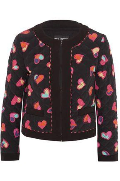 Shop Boutique Moschino Woman Quilted Printed Silk Crepe De Chine Bomber Jacket Black