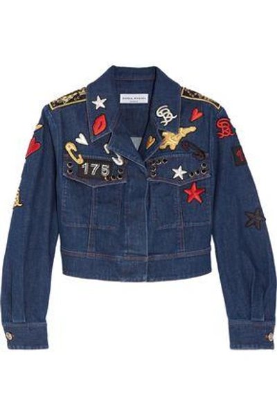 Shop Sonia Rykiel Woman Cropped Embroidered Stretch-denim Jacket Dark Denim