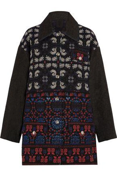Shop Anna Sui Woman Denim And Jacquard Jacket Black