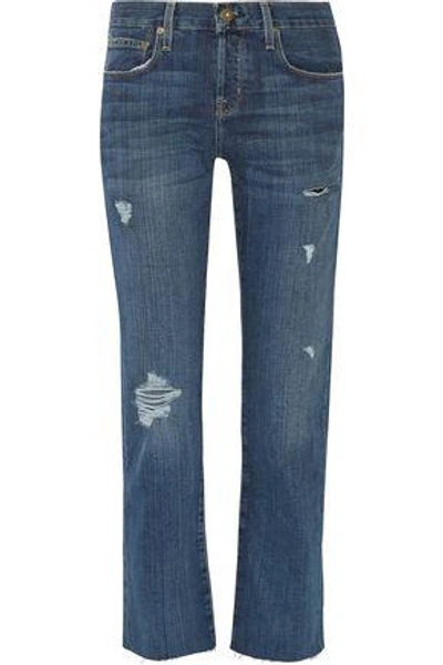 Shop Current Elliott The Crossover Distressed Mid-rise Straight Leg Jeans In Mid Denim