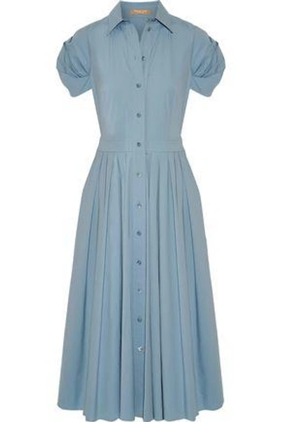 Shop Michael Kors Woman Pleated Cotton-blend Poplin Midi Dress Sky Blue