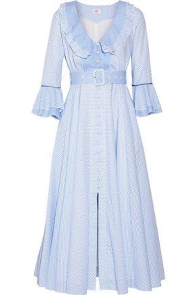 Shop Gül Hürgel Woman Ruffle-trimmed Printed Cotton Midi Dress Light Blue