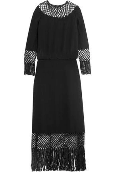 Shop Valentino Fringed Macramé-paneled Silk-crepe Midi Dress In Black