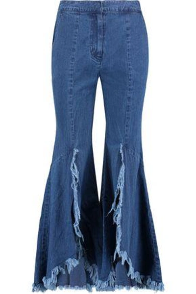 Shop Goen J Woman Distressed Frayed High-rise Flared Jeans Mid Denim