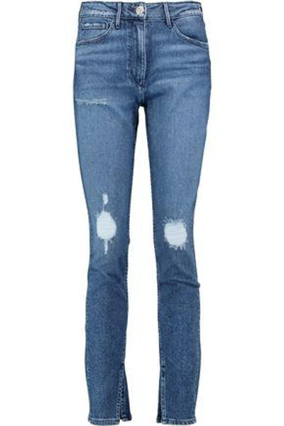 Shop 3x1 Woman Distressed Mid-rise Skinny Jeans Mid Denim