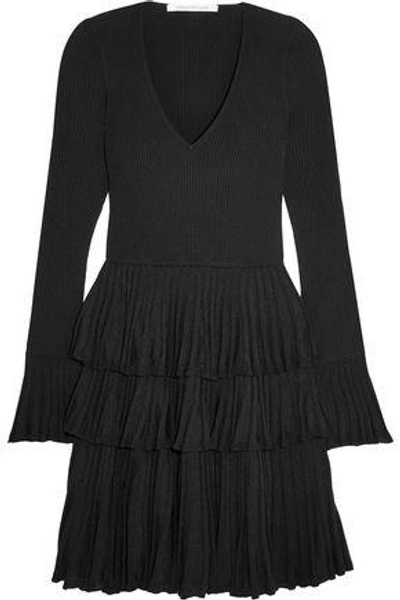 Shop Diane Von Furstenberg Woman Sharlynn Tiered Ribbed Stretch-knit Mini Dress Black