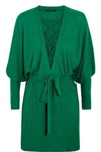 Shop Balmain Woman Lace-up Crepe Mini Dress Green