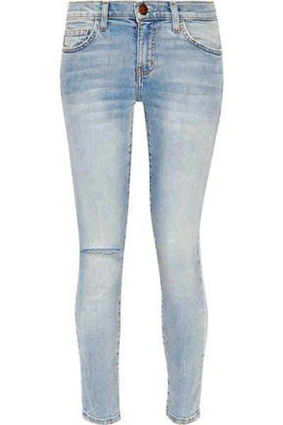Shop Current Elliott Cropped Mid-rise Distressed Skinny Jeans In Light Denim