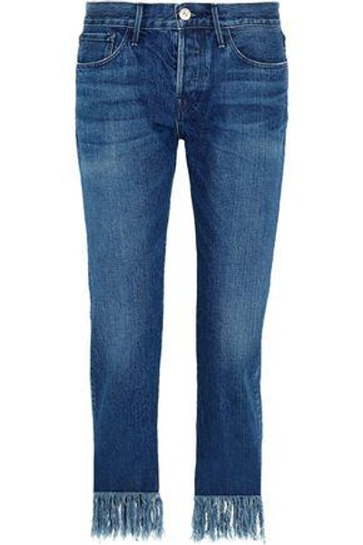 Shop 3x1 Woman Wm3 Crop Fringe Distressed Mid-rise Straight-leg Jeans Mid Denim