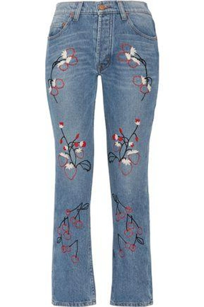 Shop Bliss And Mischief Woman Sweet Jam Embroidered High-rise Straight-leg Jeans Mid Denim