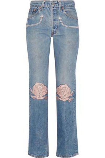 Shop Bliss And Mischief Woman Song Of The West Embroidered Mid-rise Straight-leg Jeans Light Denim